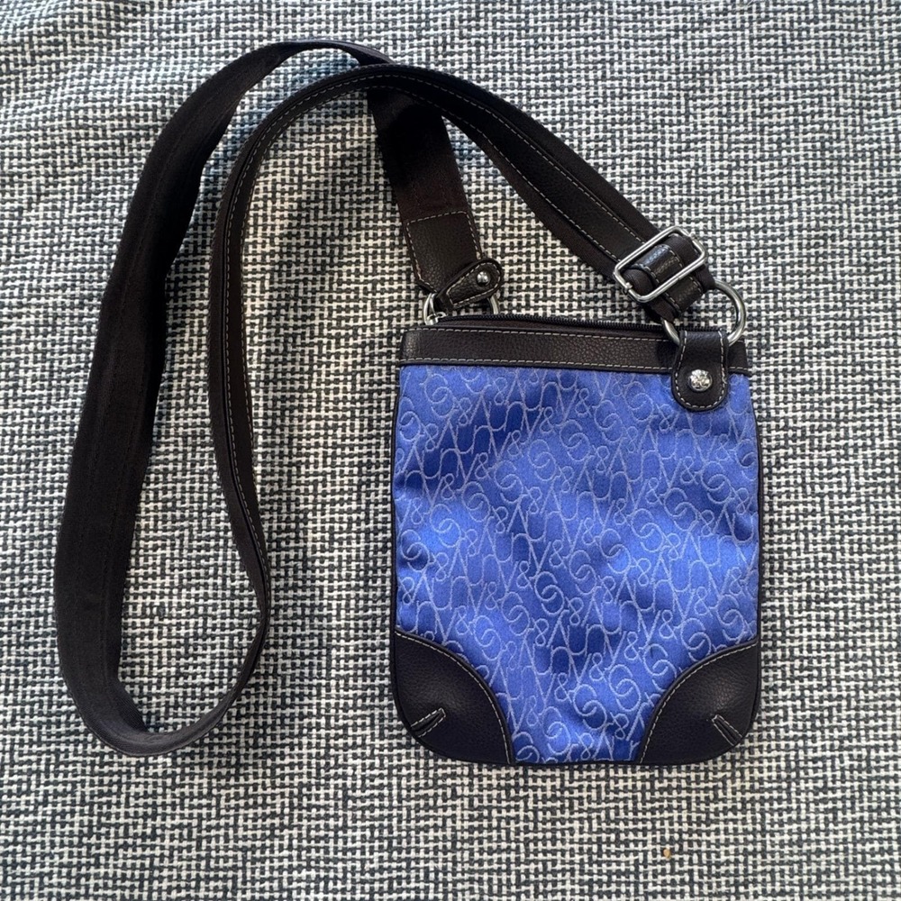 New York & Company Blue Satin Crossbody Bag Brown Trim Small Travel Purse Y2K